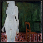 white woman with a red chair 150x150 cm